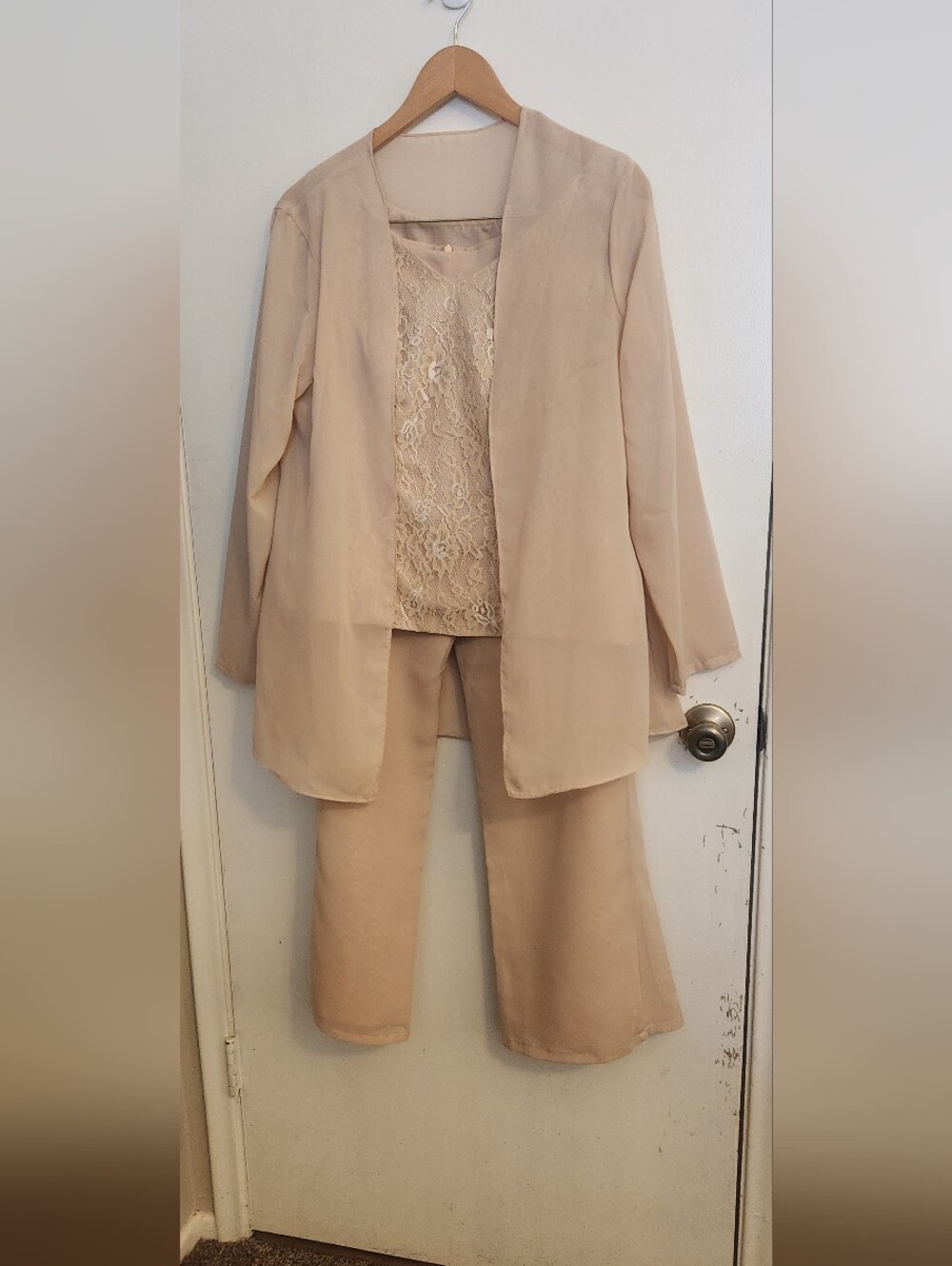 Beige Women's Pantsuit with Lace Shell